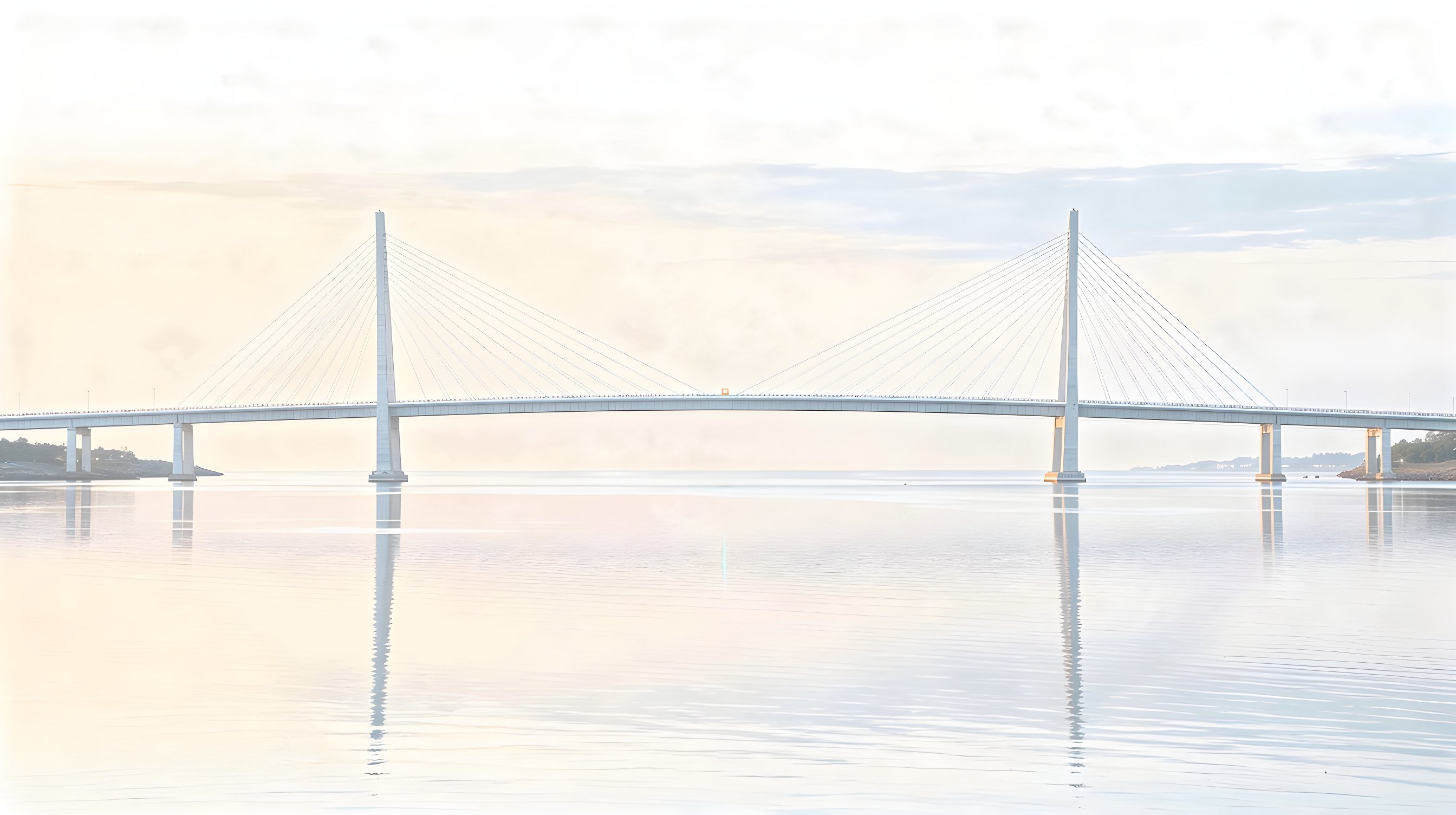 Illustration: a long cable-stayed bridge across dark still water at night, one small teal light at the midpoint of the span.