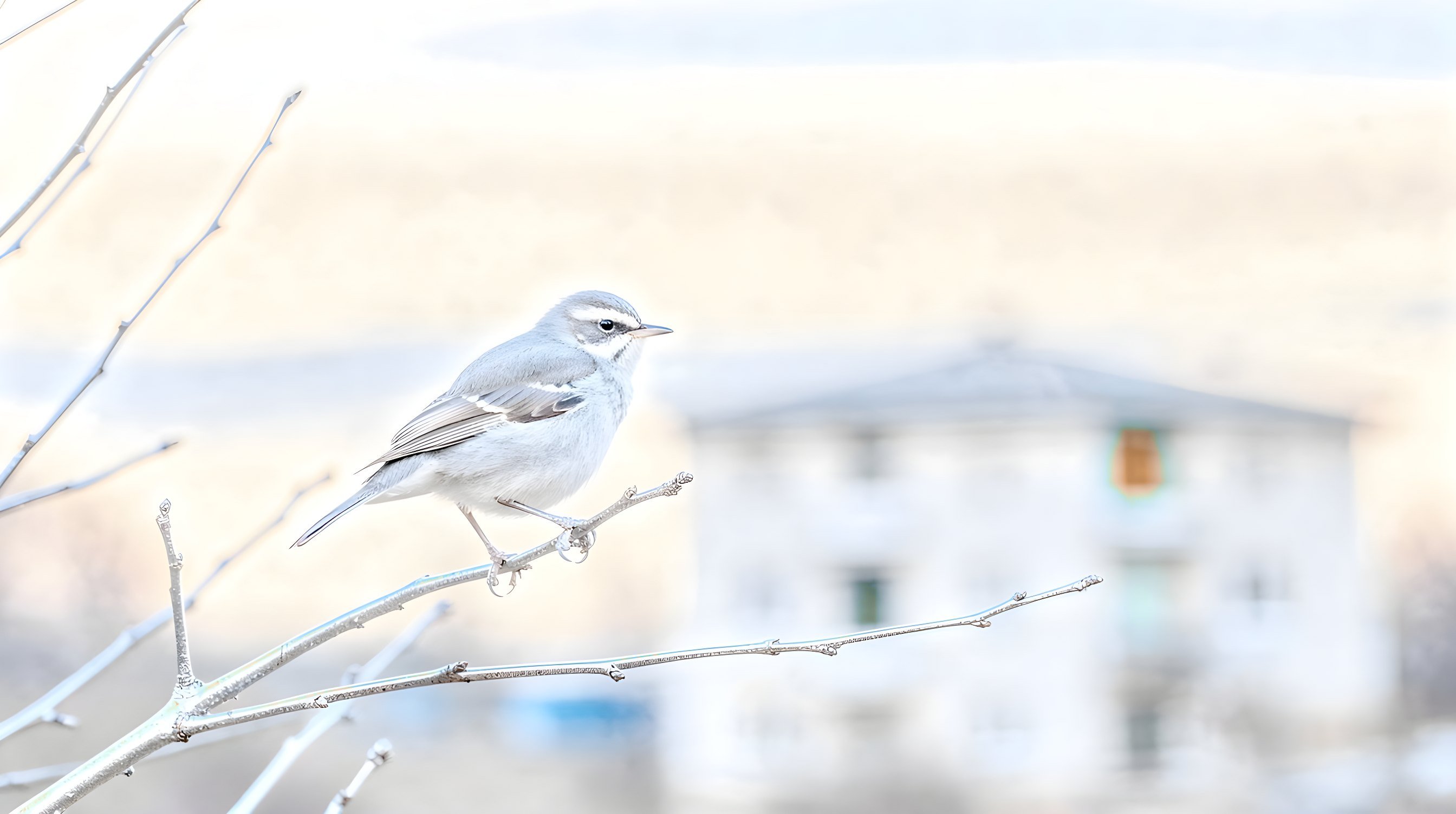 Illustration: a small songbird perched on a bare branch against a deep twilight sky, a distant window glowing teal behind it.