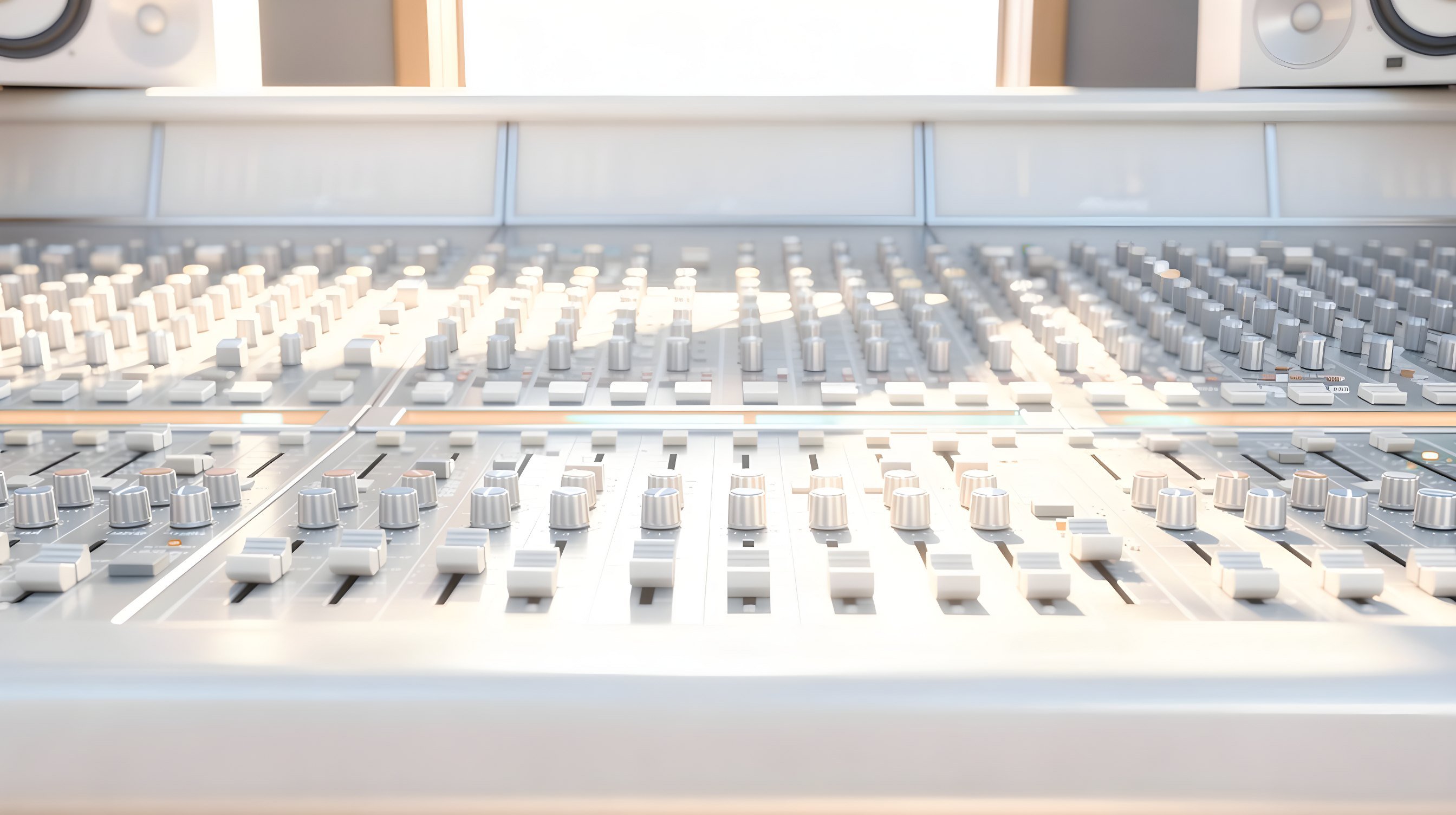Illustration: a wide plain mixing console of unlabeled sliders and knobs in a dim studio, a teal glow along the center of the desk.