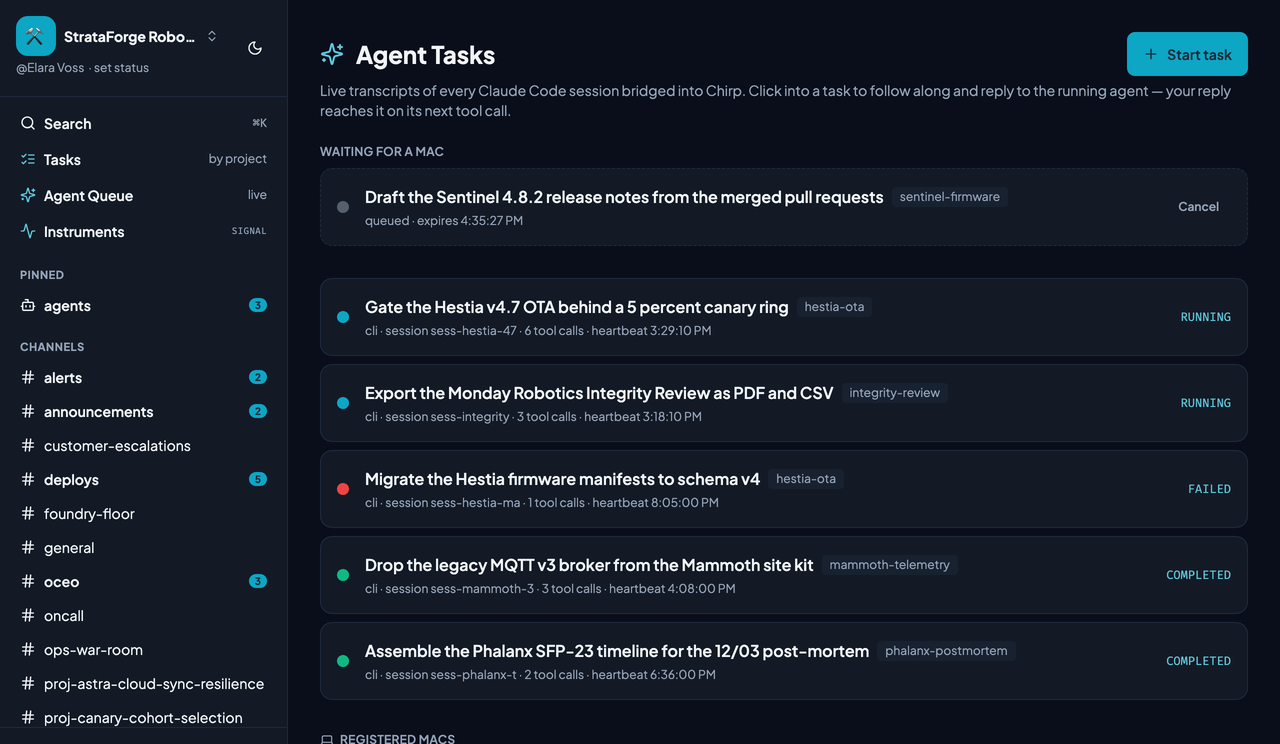 Chirp's Agent Tasks page listing running, failed, and completed Claude Code sessions, a task waiting for a Mac, and a registered Mac.