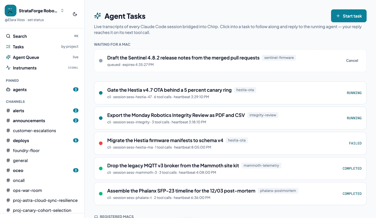 Chirp's Agent Tasks page listing running, failed, and completed Claude Code sessions, a task waiting for a Mac, and a registered Mac.