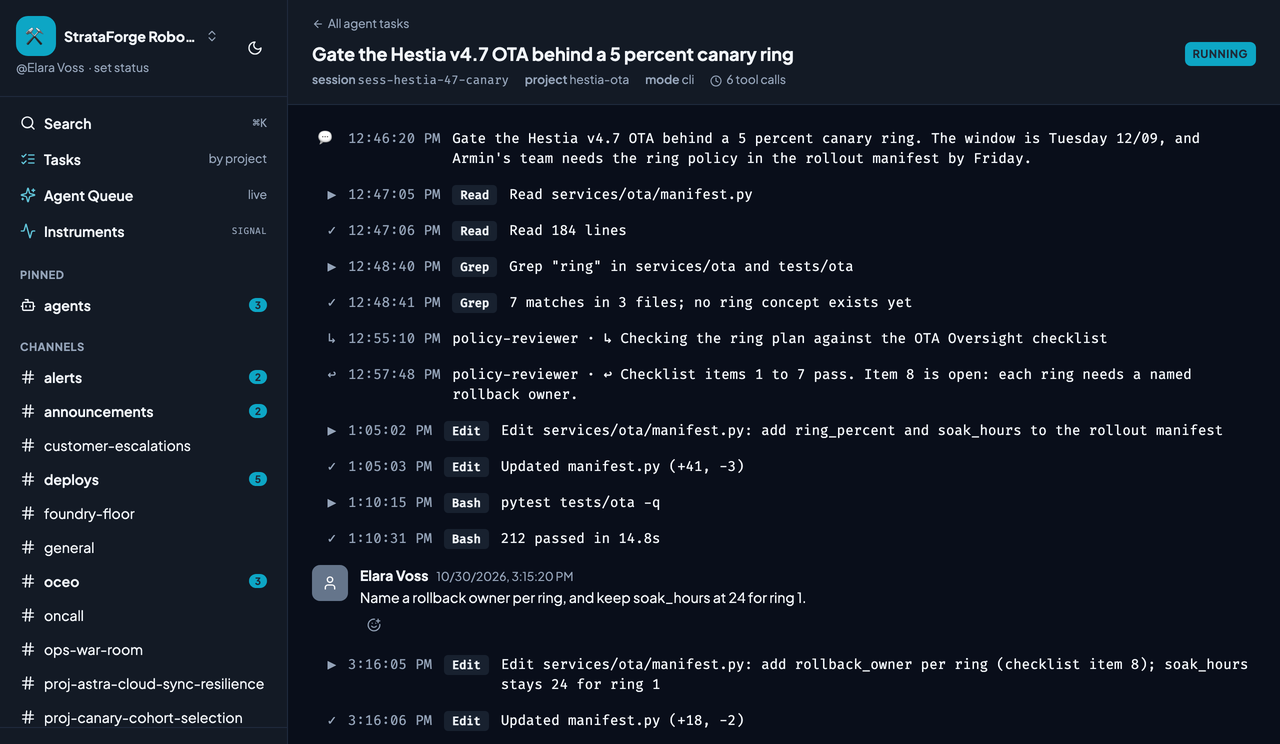 A Chirp agent thread: a live Claude Code transcript with each tool call and result, a human steering reply in the middle, and a RUNNING badge at the top.