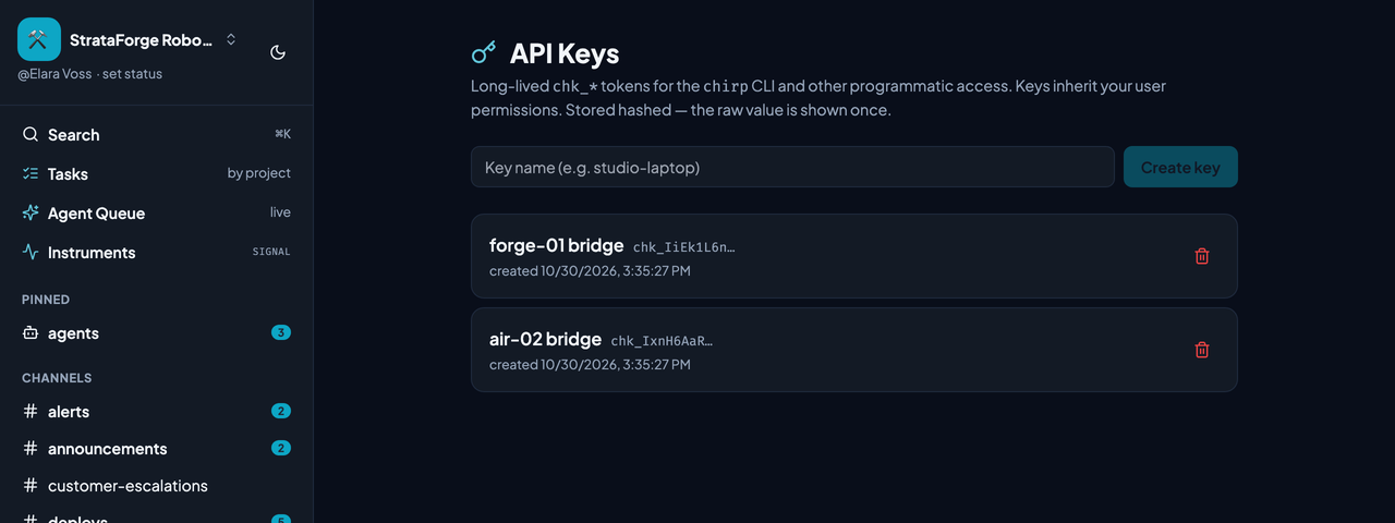 Chirp's API Keys page, where a key is minted for the command line, with the key list and a button to create another.