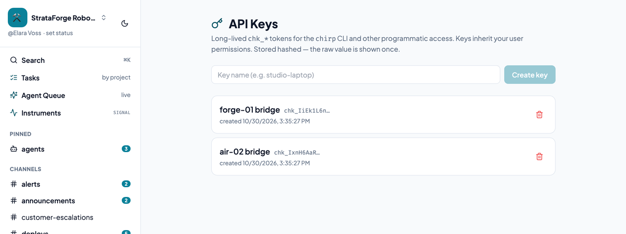 Chirp's API Keys page, where a key is minted for the command line, with the key list and a button to create another.