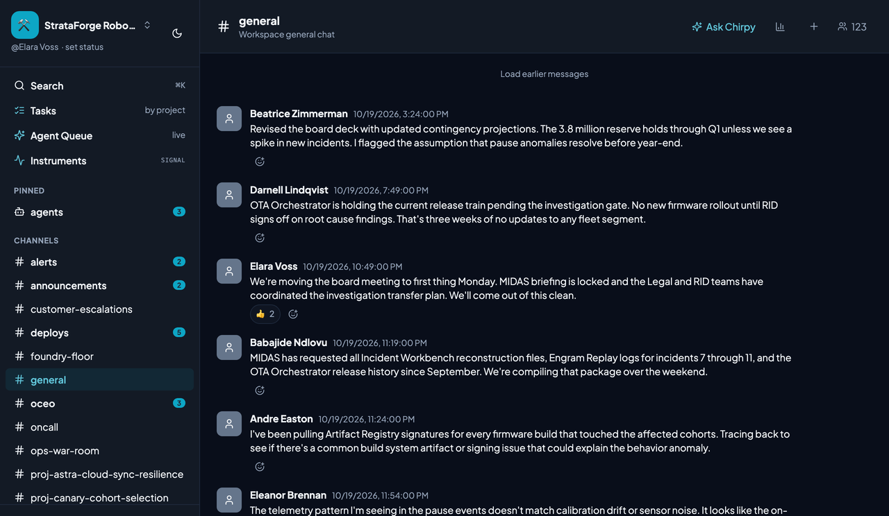 A busy #general channel in Chirp with several messages, reactions, and the channel sidebar.