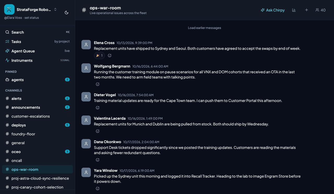A busy #ops-war-room channel in Chirp showing the newest messages with author names and reactions.