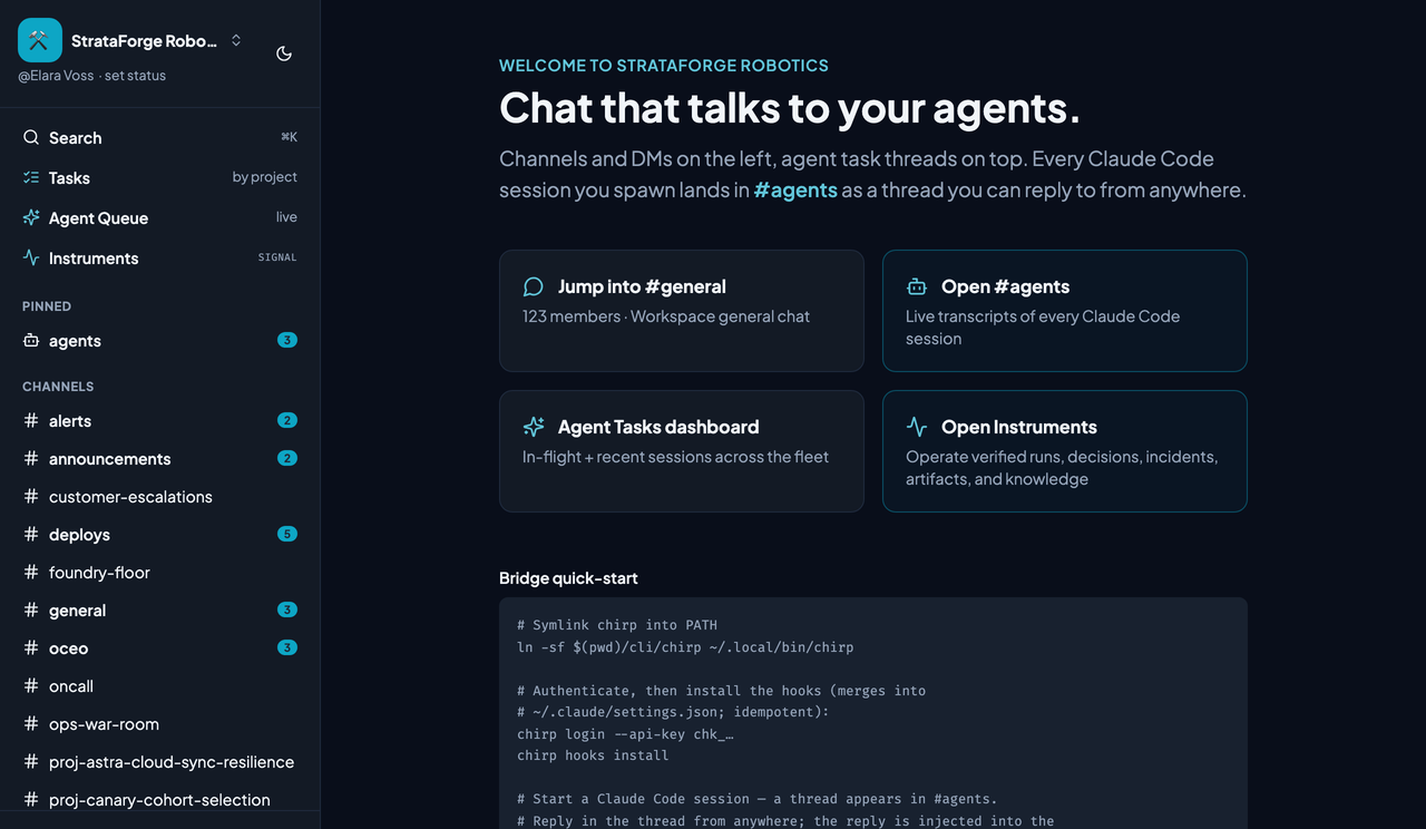 Chirp's workspace landing page with a card for each channel and the channel sidebar.