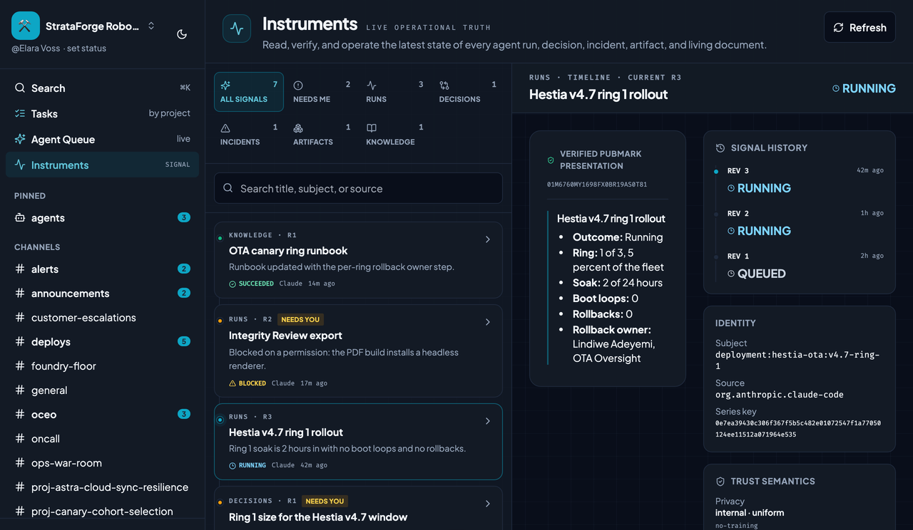 An Instrument in Chirp: a run with its verified PubMark presentation, its state, its signal history, and its source identity.
