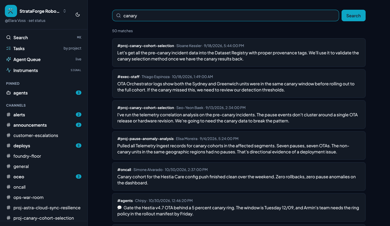 Chirp's search page after a search for the word canary: fifty matches from several channels, each with its date, channel, and author.
