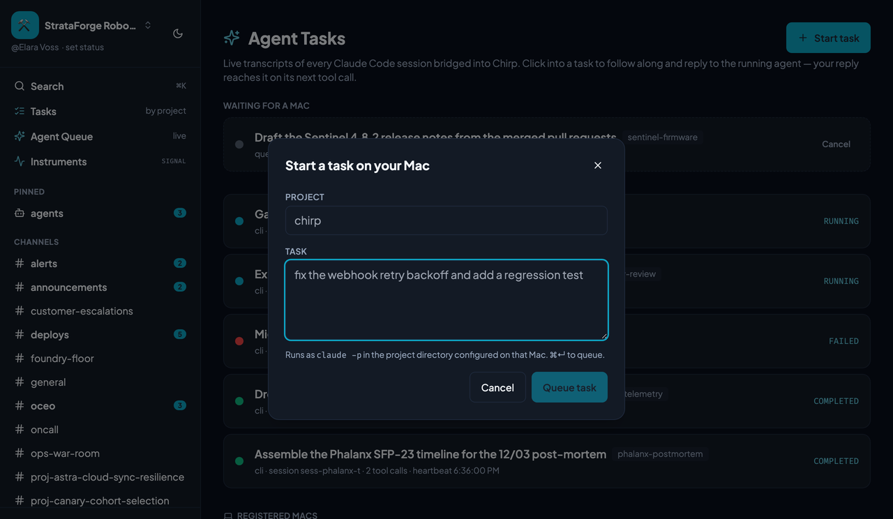 Chirp's Start a task on your Mac dialog, with a project field and a description field.