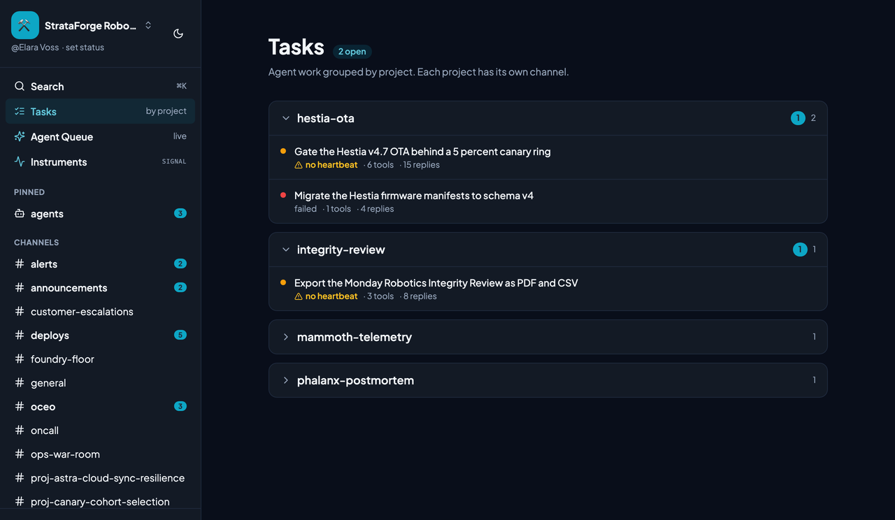 Chirp's Tasks page listing projects with their tasks.