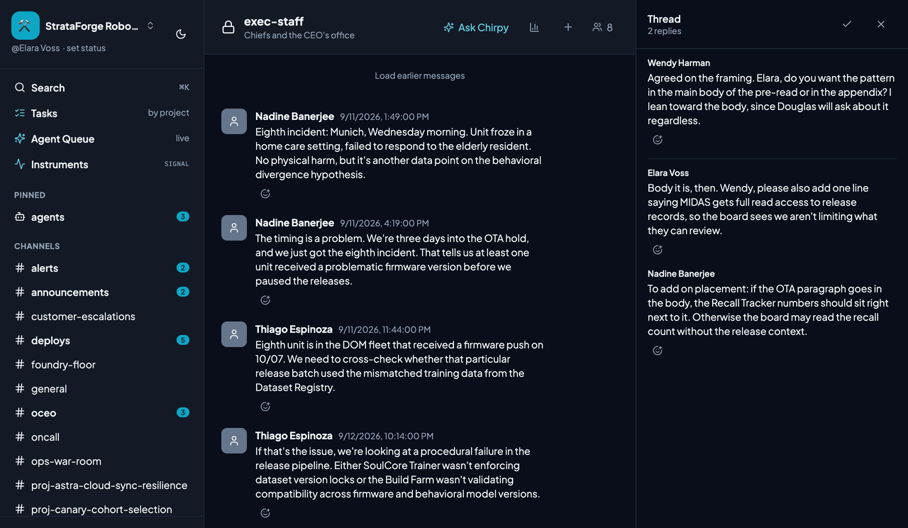 A Chirp thread open in a side pane beside its channel.
